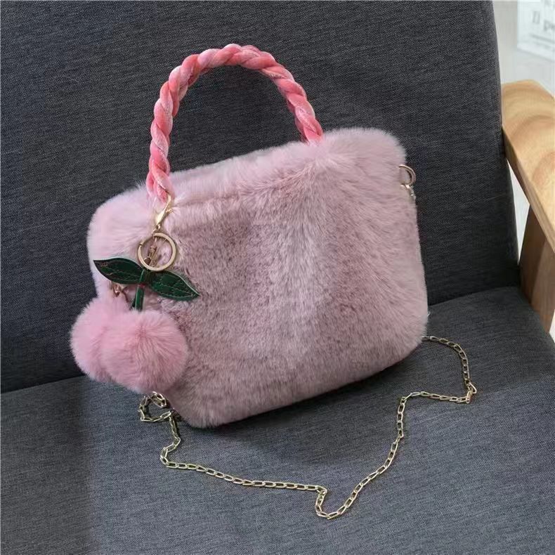 Cute Cherry Fuzzy Handbag Women's Winter Shoulder Tote