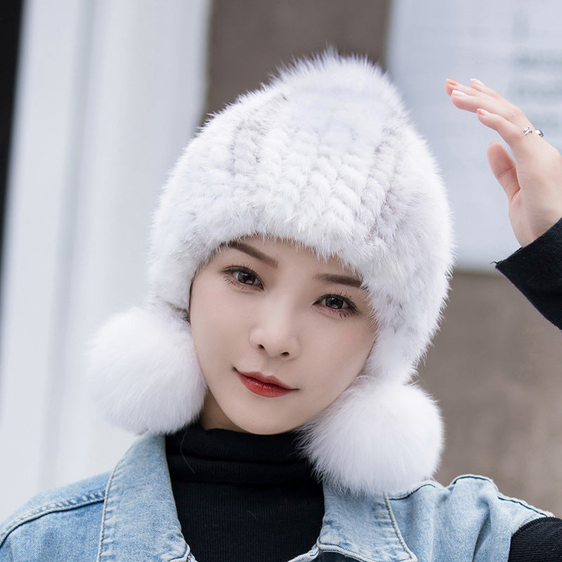 Winter Women's Mink Fur Ear Flap Hat with Fox Pom Pom