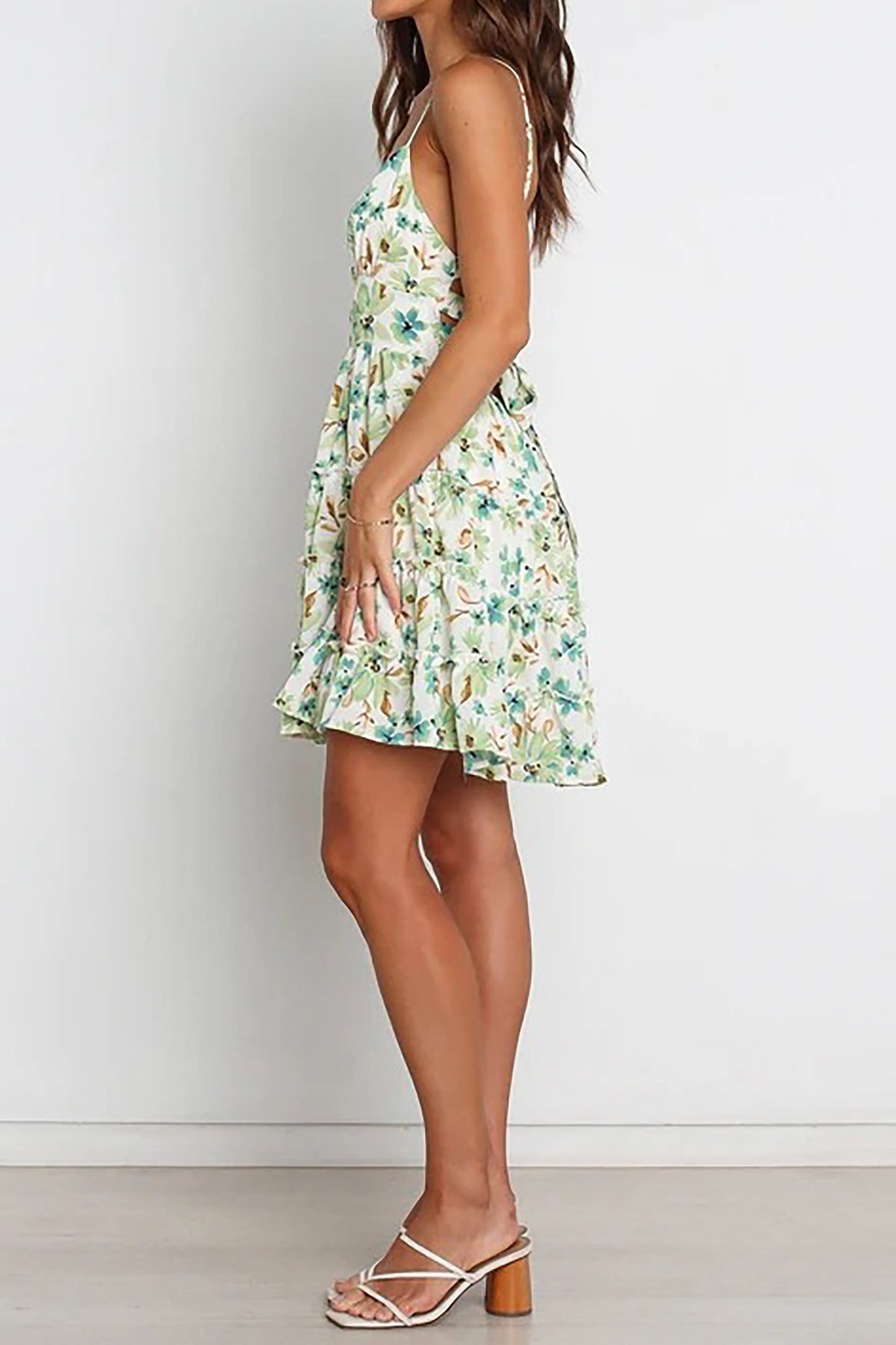 Green Flowers Print A-line Midi Dress