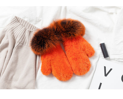 Warm Genuine Fur Lined Mittens with Real Rabbit Fur Trim