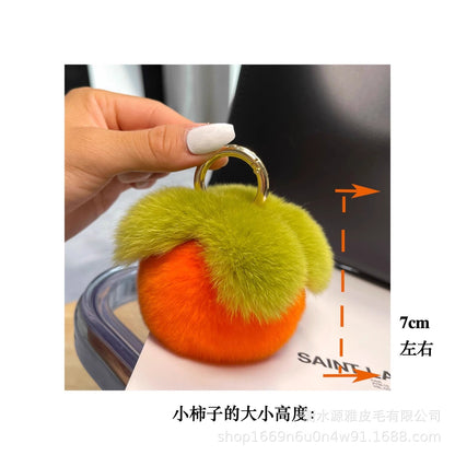 Lucky Persimmon Keychain - 7cm Real Rex Rabbit Fur