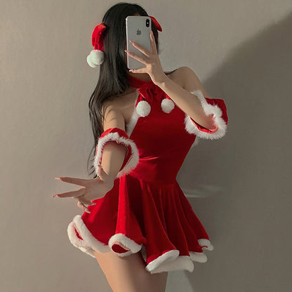 Free Shipping for Sexy Christmas Furry Backless Gold Velvet Slip Dress Bow Short Skirt Set