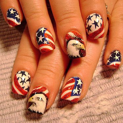 Independence Day Short Square Nails with Eagle and Flag Designs