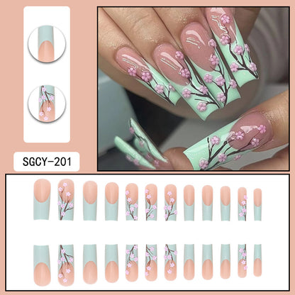 Chinese Style French Nail Tips with Floral Design