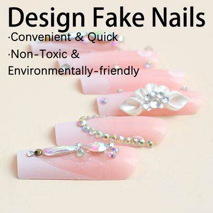 Wearable French Tip Nails with Rhinestone Accent