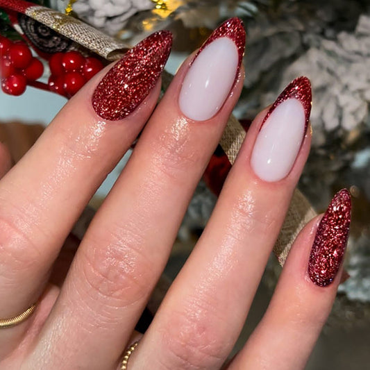 Bold Red Glitter Nails, Round Almond Shape