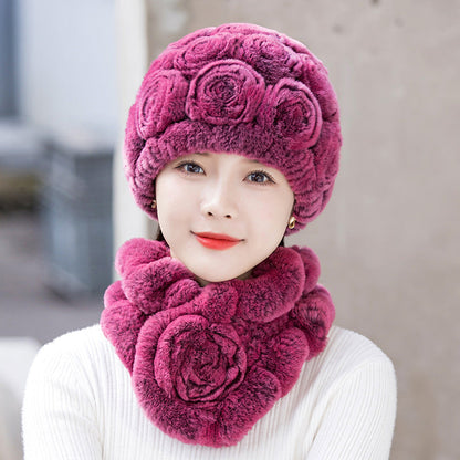 Winter Rex Rabbit Fur Ear Flap Hat & Scarf Set