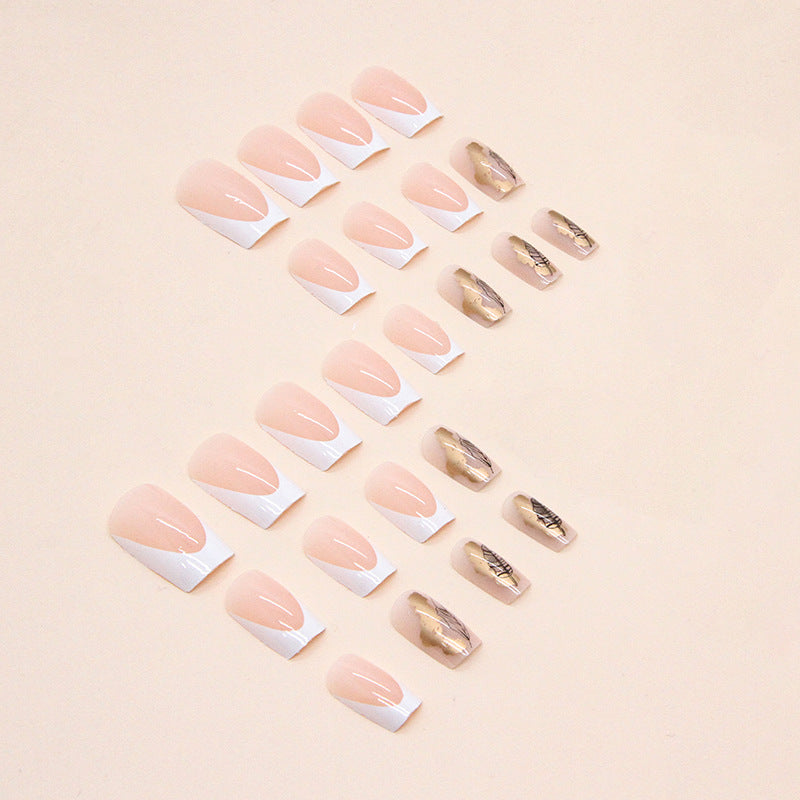 White French Mid-Length Square Nails, Leaf Silhouette, INS Style