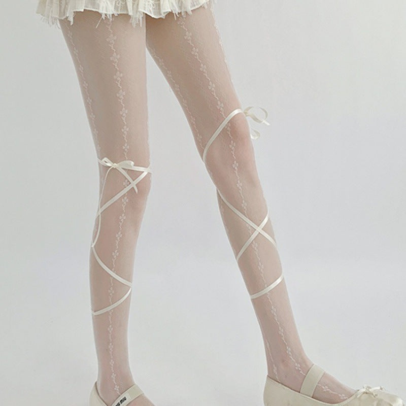 Summer Slim Retro Strap Bow White Silk Jk Pantyhose