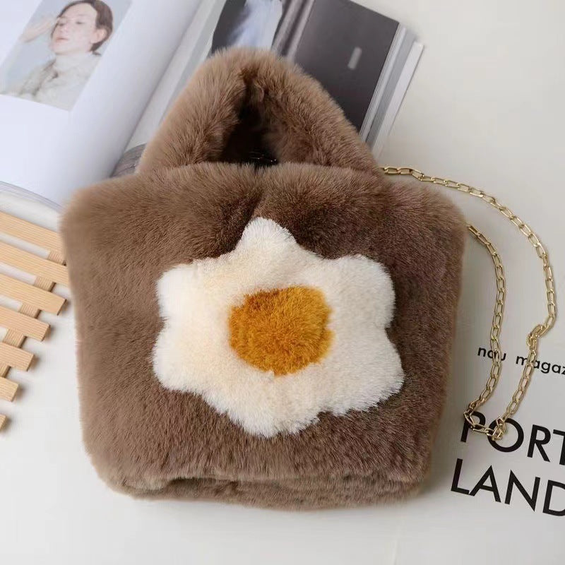 Korean Sunflower Faux Fur Tote - Chain Crossbody Bag