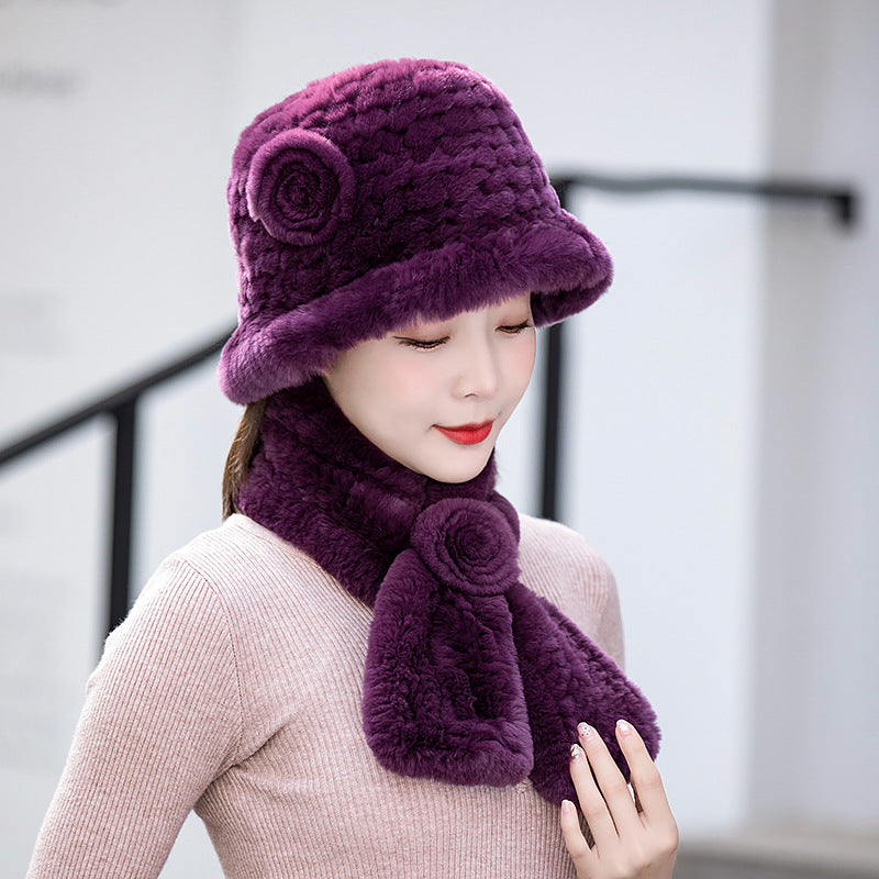 Warm Real Rabbit Fur Hat & Scarf Set - Ear Flap Design