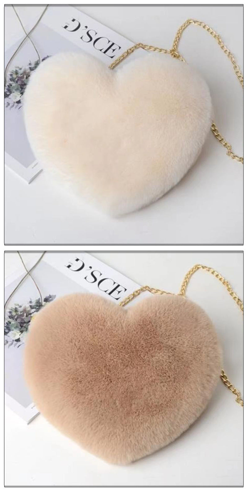 Fashionable Faux Fur Heart-Shaped Chain Crossbody Bag