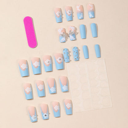 Sky Blue Flower Pearl 5-Petal 3D Butterfly Fresh Fake Nails-homeunderwear