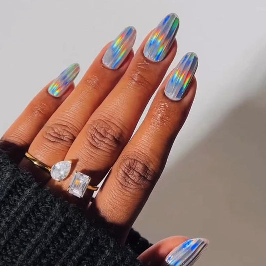 Aurora Rainbow Nails, Round Almond Shape with Silver Lines