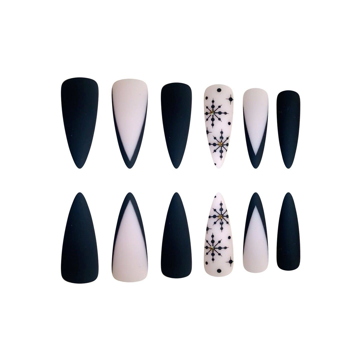 Extra Long Pointed Black French Matte Nails with Snowflakes