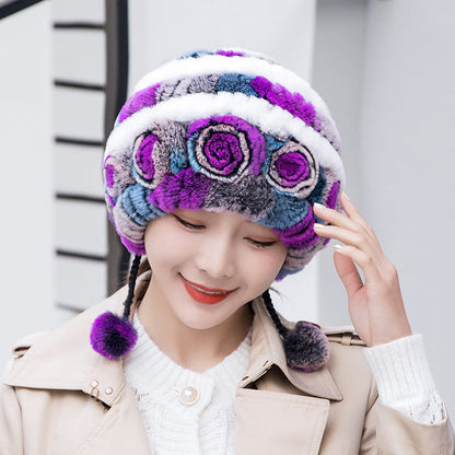 Winter Real Rabbit Fur Ear Flap Hat & Scarf Set