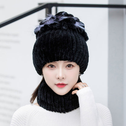 Warm Real Rabbit Fur Ear Flap Hat & Scarf Set