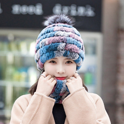 Warm Real Rabbit Fur Ear Flap Hat & Scarf Set