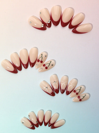 Wholesale Sweet French Burgundy Nail Tips with Bow and Cherry