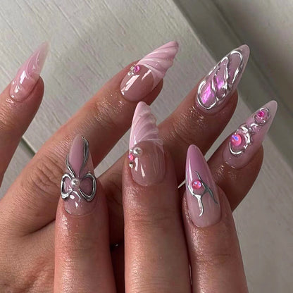 3D Bow Handmade Mirror Pink Silver Nail Tips-Homeunderwear