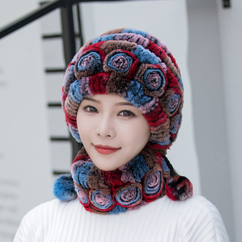 Warm Real Rabbit Fur Ear Flap Hat & Scarf Set