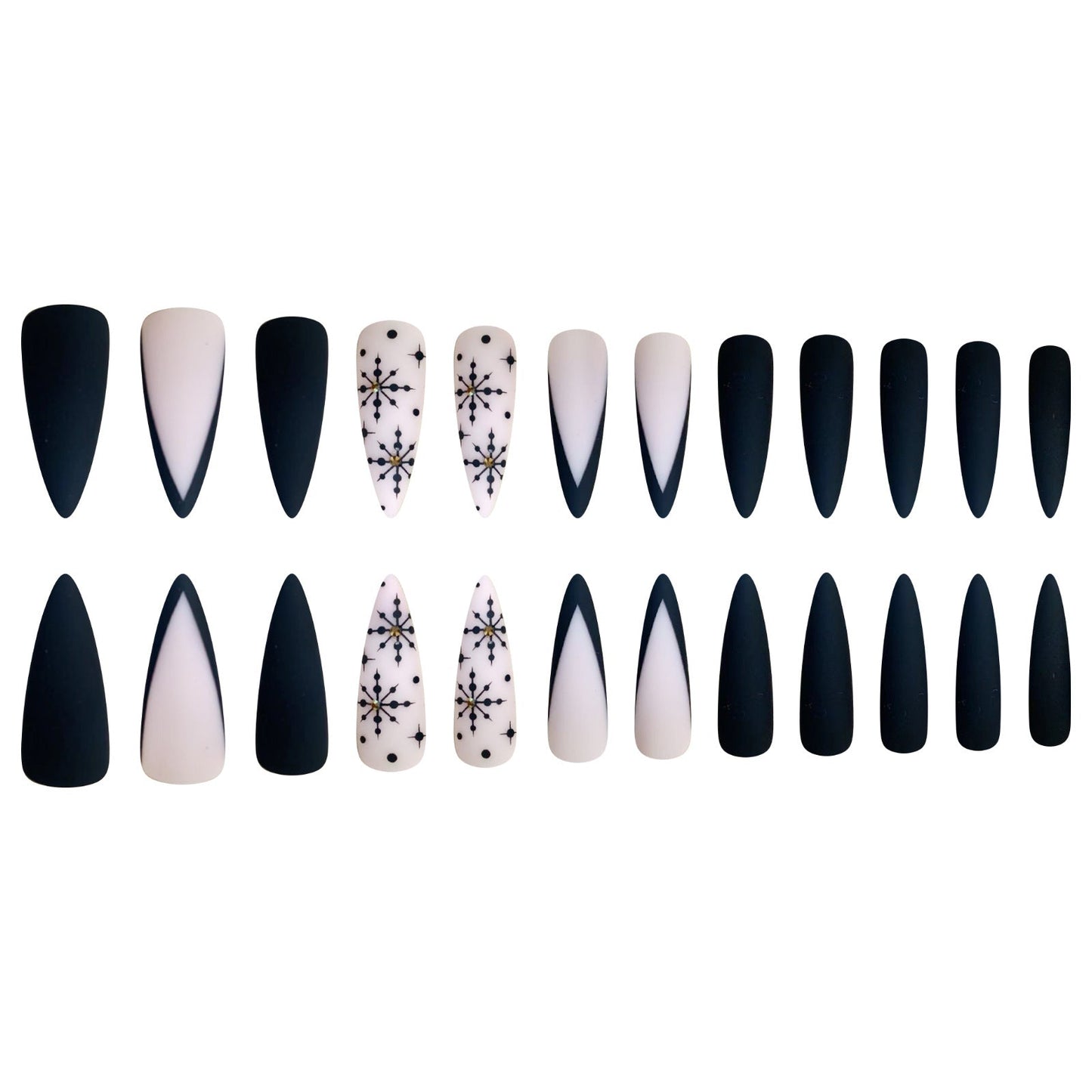 Extra Long Pointed Black French Matte Nails with Snowflakes