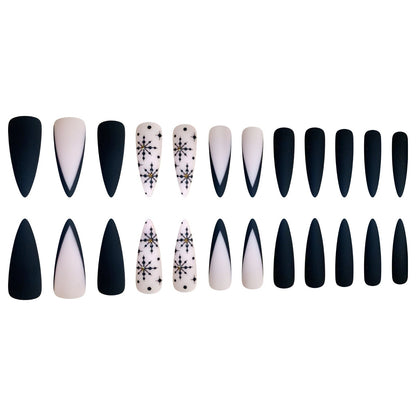 Extra Long Pointed Black French Matte Nails with Snowflakes