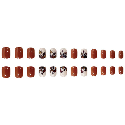 Autumn Coffee Brown Short Square Leaf Design Nail Tips