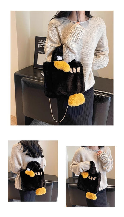 Cute Swan Fuzzy Tote Bag - Winter Shoulder Handbag