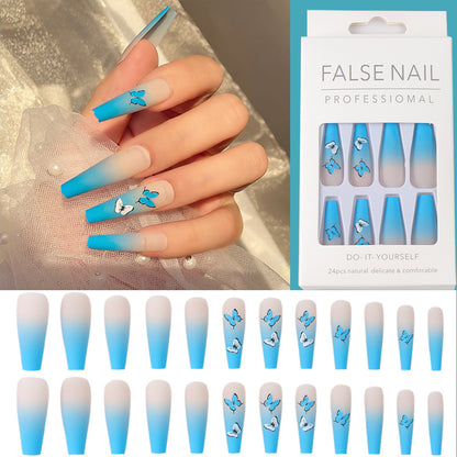 Long Matte Blue Butterfly Ballet Nail Extensions