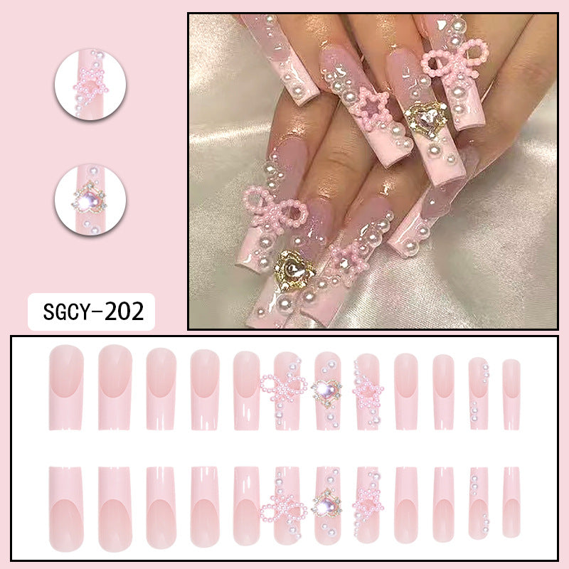 Charming Pink French Nail Tips with Pearls, Bow