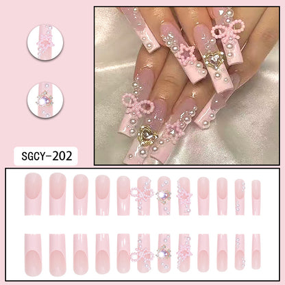 Charming Pink French Nail Tips with Pearls, Bow