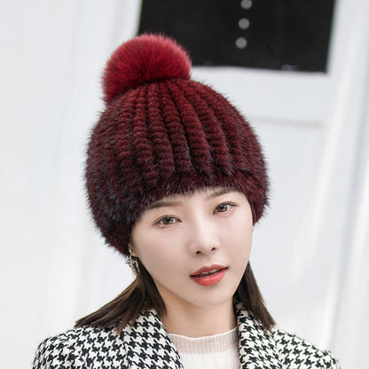 Winter Mink Fur Hat with Fox Pom Pom - Stylish & Warm