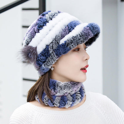 Winter Real Rabbit Fur Cap & Scarf Set - Mom Hat