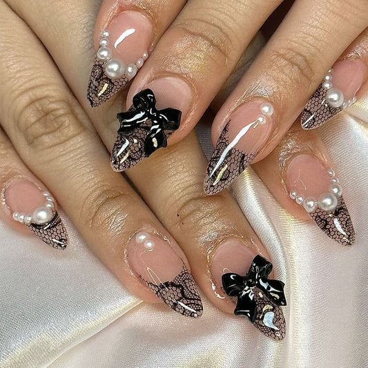 Almond Shape Edgy Black Lace French Pearl Bow Nails