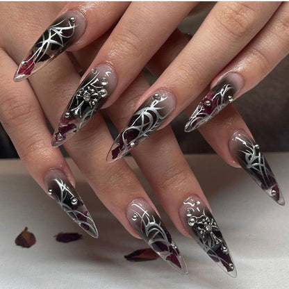 Dark Gothic Cross Nail Tips with Crystal Accents