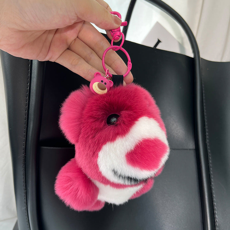 Cute Real Rabbit Fur Strawberry Bear Keychain - Car Accessory