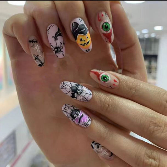 Medium Almond Matte Nails with Halloween Cartoon Designs