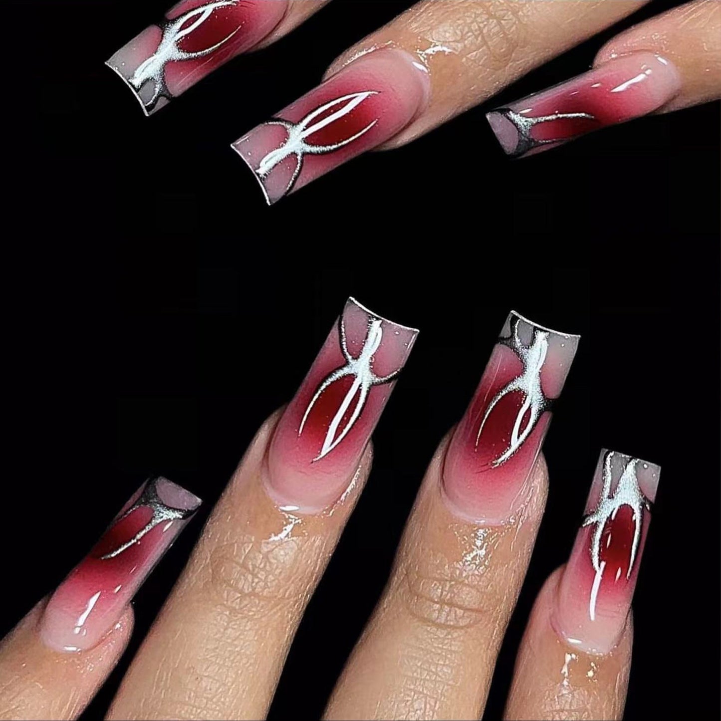 Halloween Blood Red Blush Shiny Nails with Silver Scratch Design