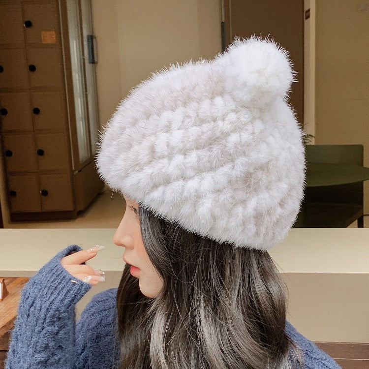 Winter Mink Fur Beanie with Cat Ears - Cozy & Cute