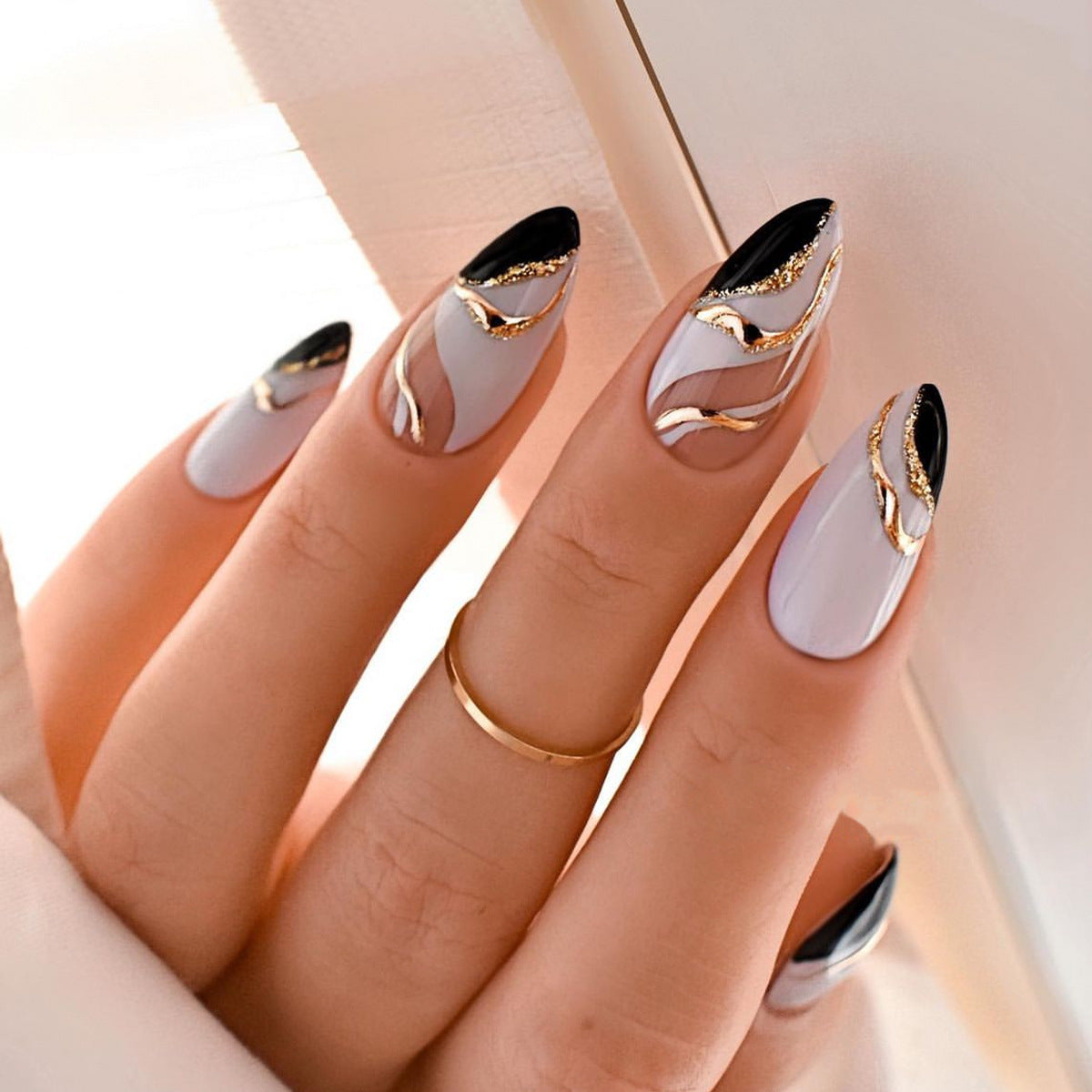 Almond Shape French Tip Bicolor Gold Wave Nail Tips