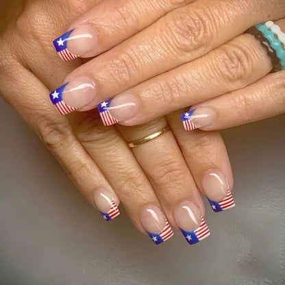 Independence Day French Short Square Nails with American Flag Design