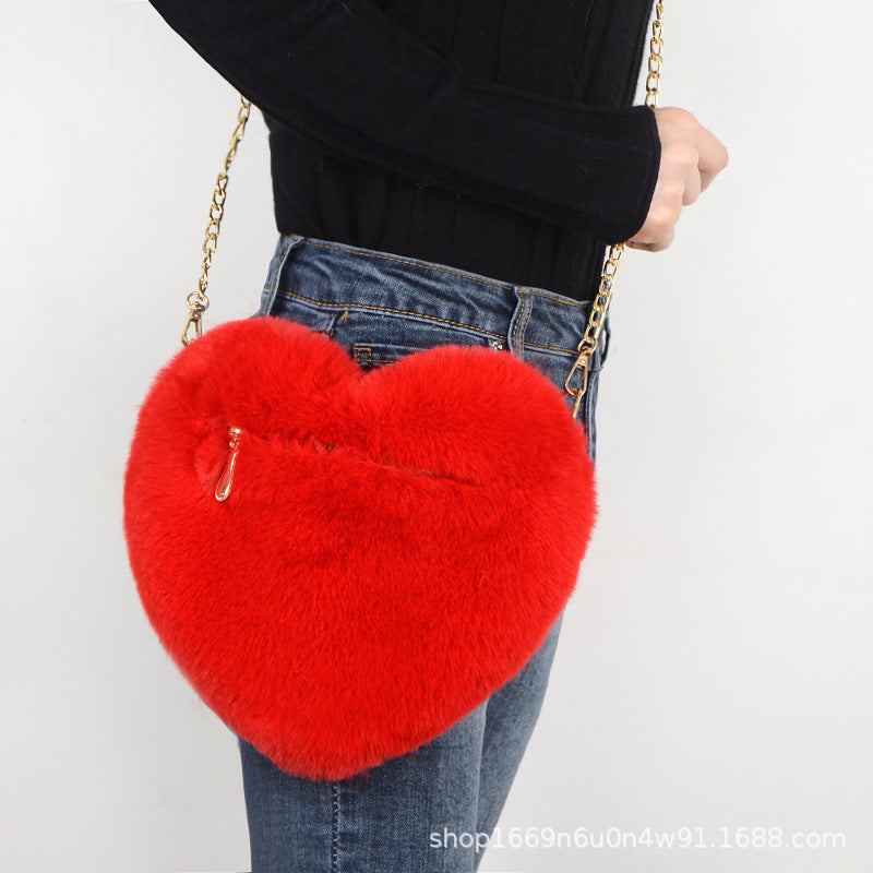 Fashionable Faux Fur Heart-Shaped Bag - Chain Crossbody Purse