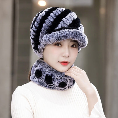 Warm Real Rabbit Fur Cap & Scarf Set - Stylish Winter Wear