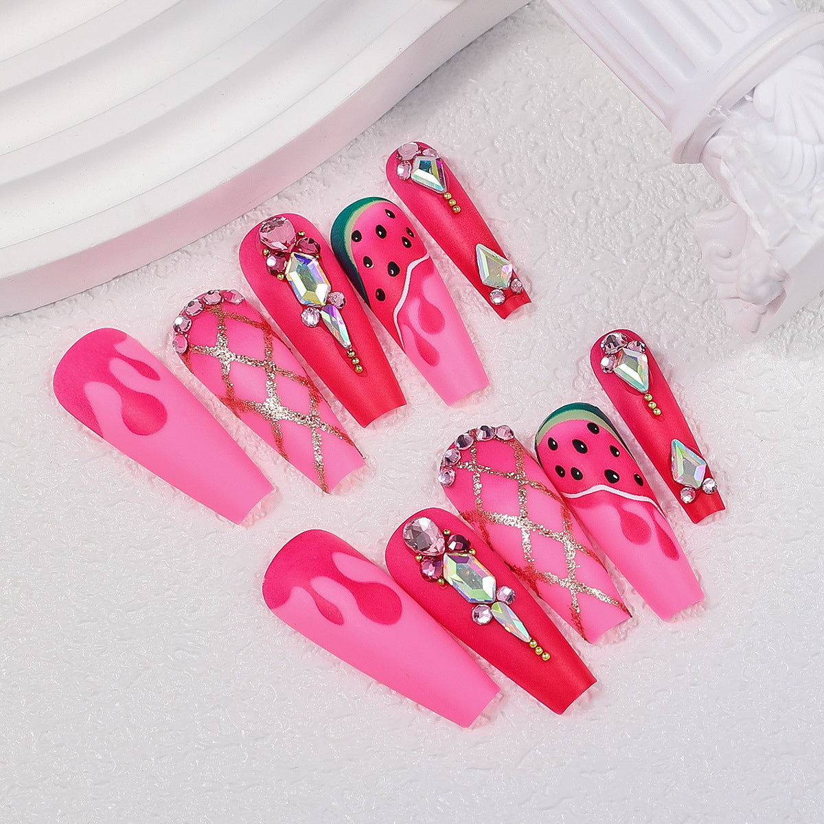 Ballet Style Watermelon Diamond Nail Tips