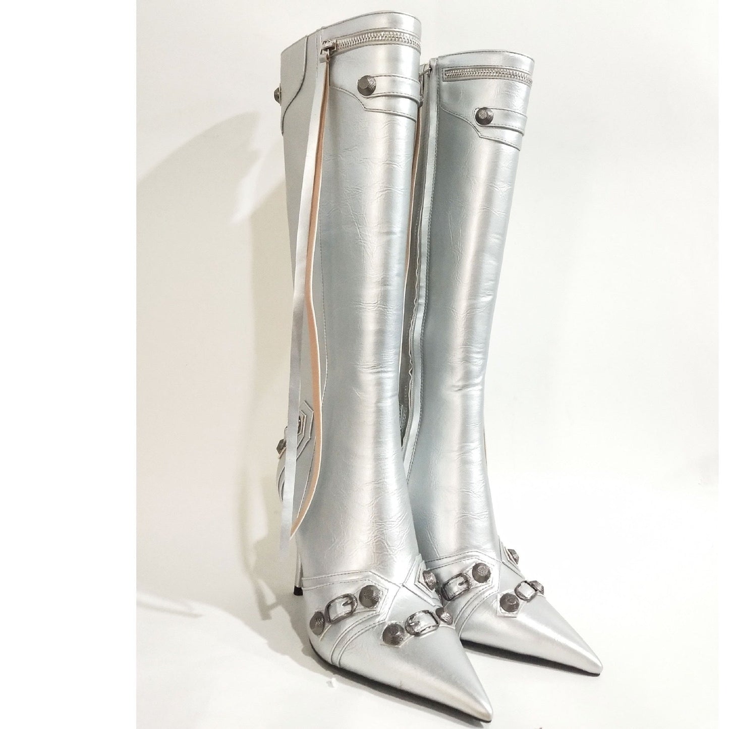 Metallic Pointed Grommeted Straps Stiletto Thigh-High Boots