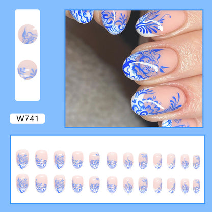 Chinese Style Round Head Blue Porcelain Morandi Flowers Totem Nails Euro Fashion Fake Nails-homeunderwear