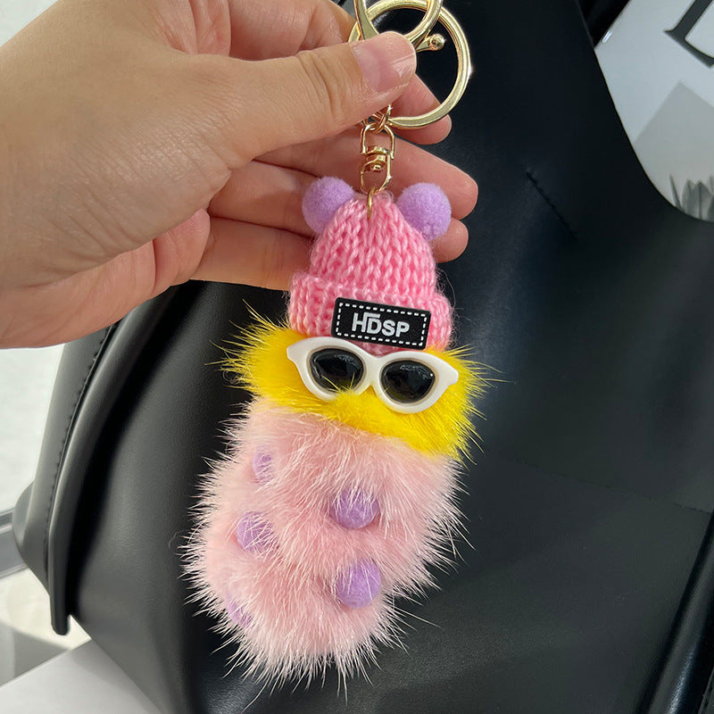 Cute Mink Fur Caterpillar Charm - Keychain & Bag Accessory