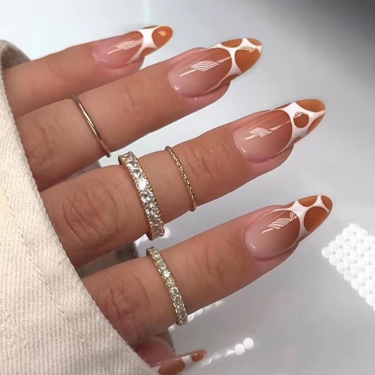 Gradient Beige Almond Nails, White Bubble Mesh Design