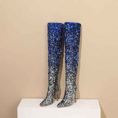 Gradient Sequin Side Zip Over-the-Knee Boots-Homeunderwear